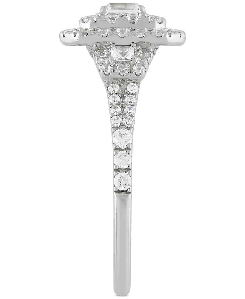 Diamond Emerald Double Halo Cluster Engagement Ring (1 ct. t.w.) in 14k White Gold