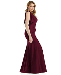Cynthia & Sahar Women's Cascading Bow One-Shoulder Stretch Satin Mermaid Dress with Slight Train