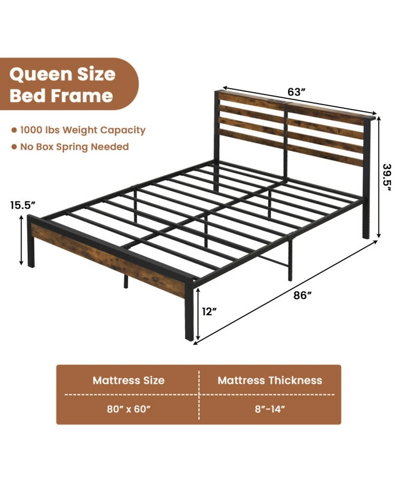 Sugift Queen Size Bed Frame with Charging Station and Storage Headboard
