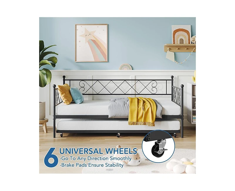 gaomon Twin Metal Daybed with Trundle, Premium Steel Slat Support, Space Saving Trundle Sofa Bed for Living Room
