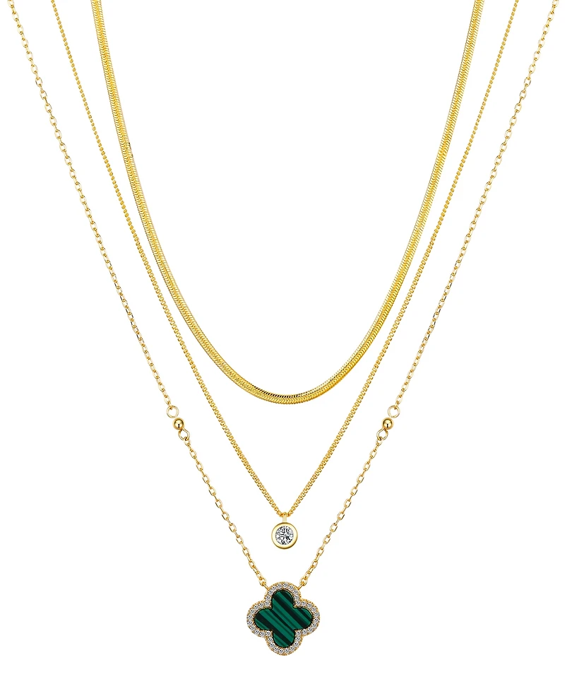 Unwritten Malachite Clover and Cubic Zirconia Bezel Layered Necklace Set