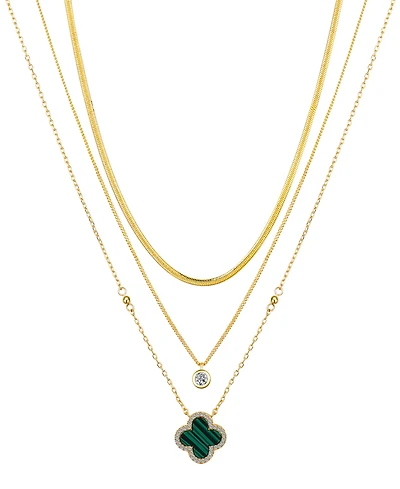 Unwritten Malachite Clover and Cubic Zirconia Bezel Layered Necklace Set