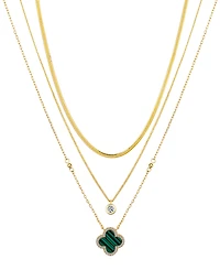 Unwritten Malachite Clover and Cubic Zirconia Bezel Layered Necklace Set