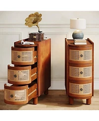 Tribesigns Solid Wood End Table Set of 2, 3-Drawer Rattan Side Table, Night Stand with 3 Rattan Drawers and Exquisite Embossed Handles for Living Room