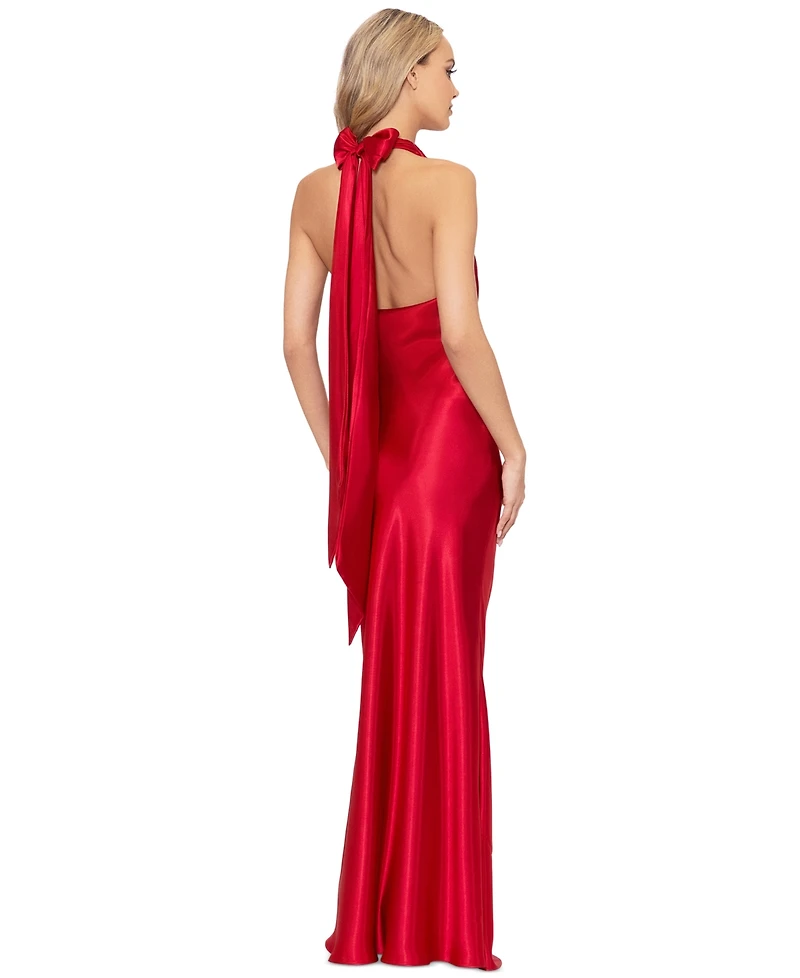 Betsy & Adam Petite Drape-Neck Halter Charmeuse Gown
