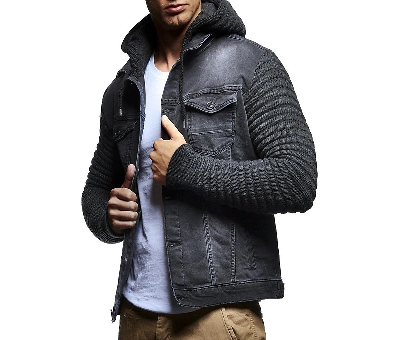 Leif Nelson Men's Casual Denim Jacket with Knitted Sleeves