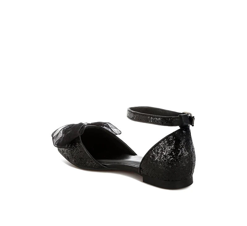 Clarice Sheer Bow Detail Glitter Flat Sandals