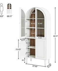 Tribesigns 68" Tall Arched Storage Cabinet, White 5-Tier Display Bookcase with Doors and Adjustable Shelves, Farmhouse Wooden Bookshelf, Kitchen Pantr