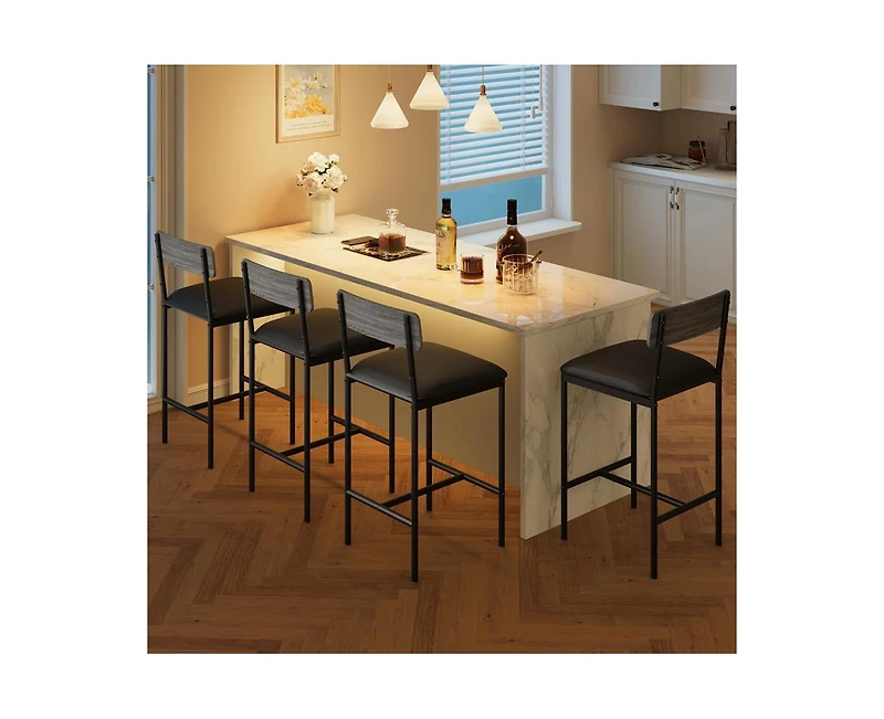 Bar Stools Set of 4, Kitchen Bar Stools with Footrest, 25.5 Inches Upholstered Bar Chairs with Back, 4 Counter Height Barstools for Counter Bar, Islan