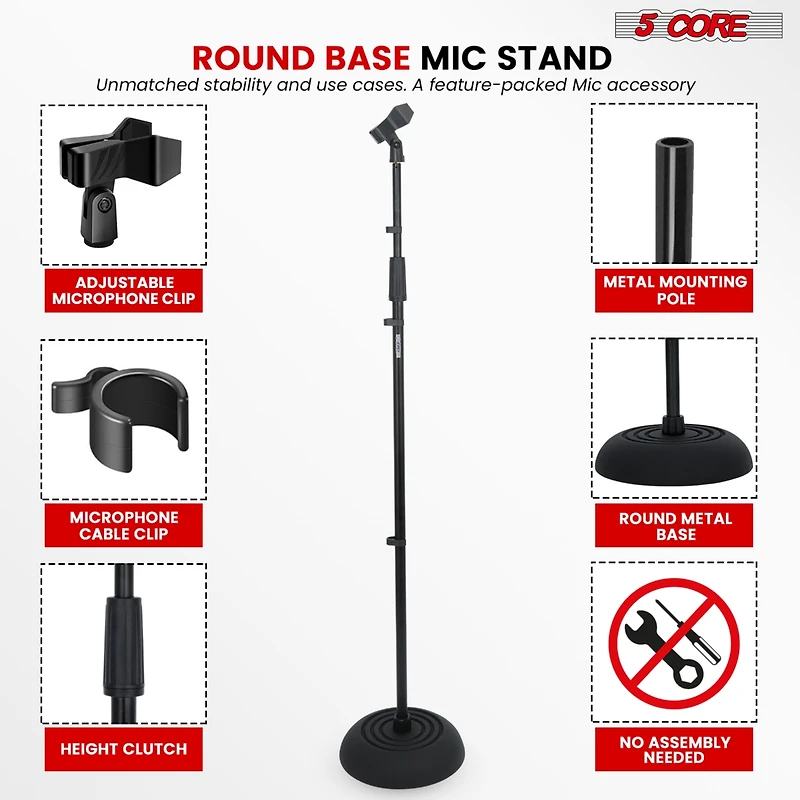 5 Core Tripod Mic Stand Height Adjustable 32 to 70" Universal Microphone Mount Stands w Round Base Ms Rbl