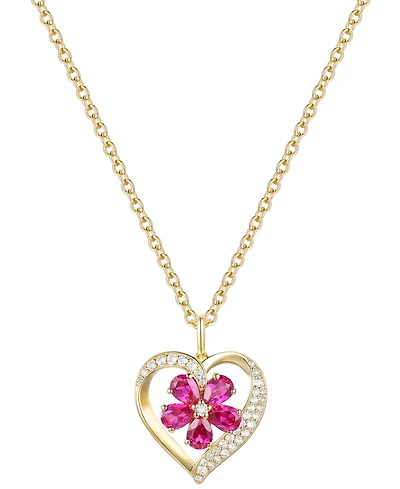 Lab Grown Ruby (1 ct. t.w.) & Lab Grown White Sapphire (1/20 ct. t.w.) Heart Flower Cluster 18" Pendant Necklace in 14k Gold over Sterling Silver