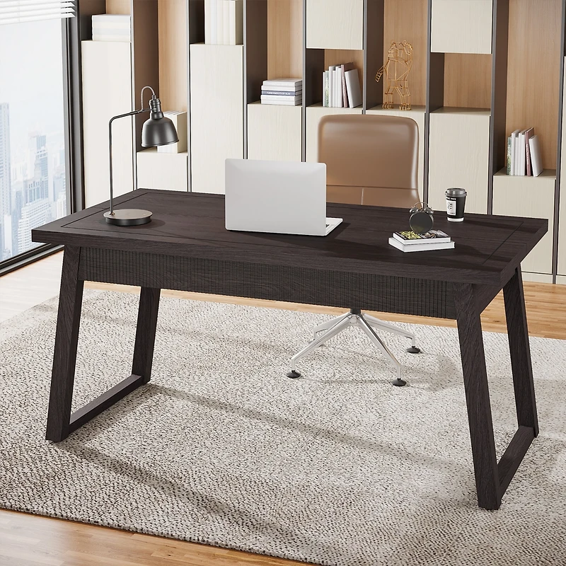 Tribesigns Home Office Executive Desk: 55 Inches Wooden Computer Desk with Drawer, Mid-Century Modern Study Writing Table, Rustic Pc Laptop Desk Works