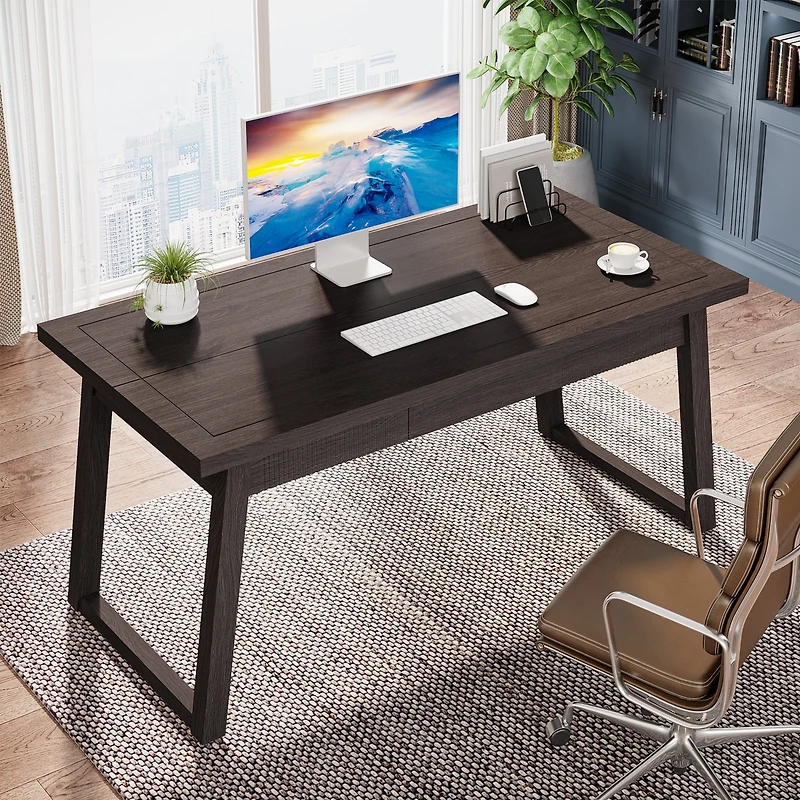 Tribesigns Home Office Executive Desk: 55 Inches Wooden Computer Desk with Drawer, Mid-Century Modern Study Writing Table, Rustic Pc Laptop Desk Works