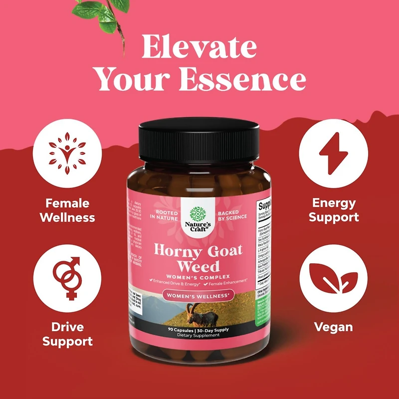 Goat Weed for Women Capsules, Female Support Blend, Ashwagandha Panax Ginseng & Maca Root, Increase Drive Energy & Mood, Nature's Craft, 90ct