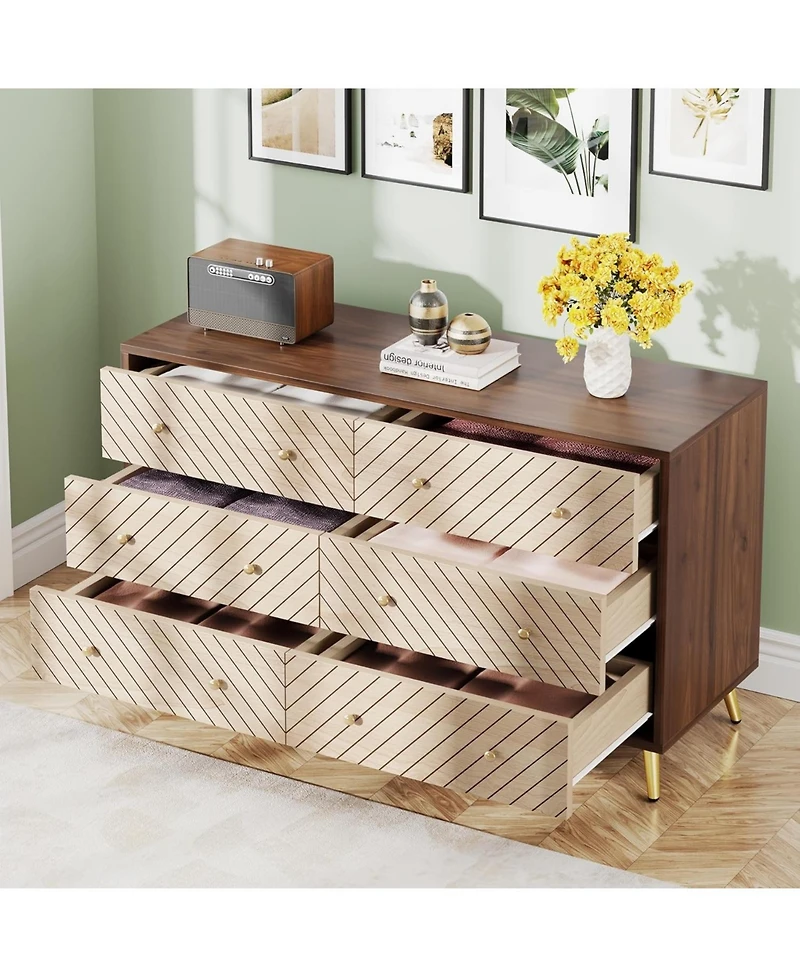 Tribesigns 47-Inch Dresser for Bedroom with 6 Drawers, Double Wide Chest of Drawers with Gold Legs, Wood and Metal Storage Dresser for Closet, 6-Drawe