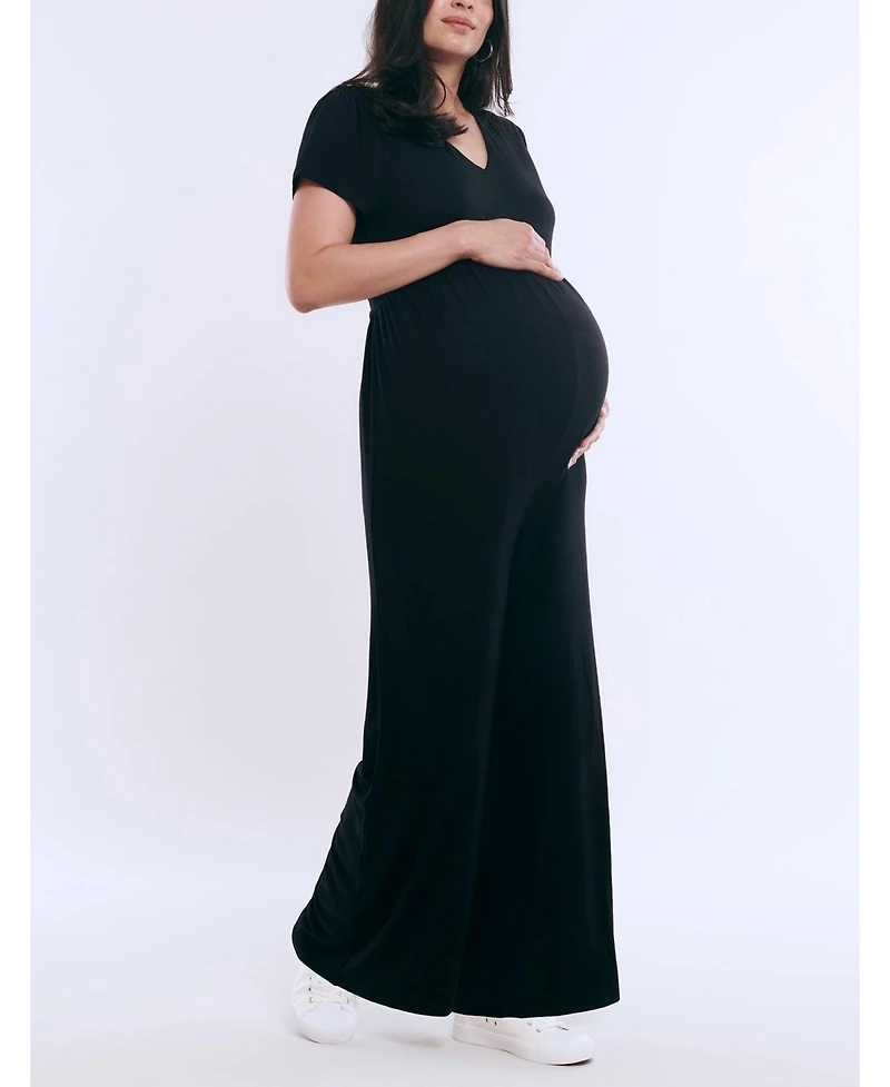 Women's Short Sleeve V-Neck Flare Leg Jumpsuit - Motherhood Maternity