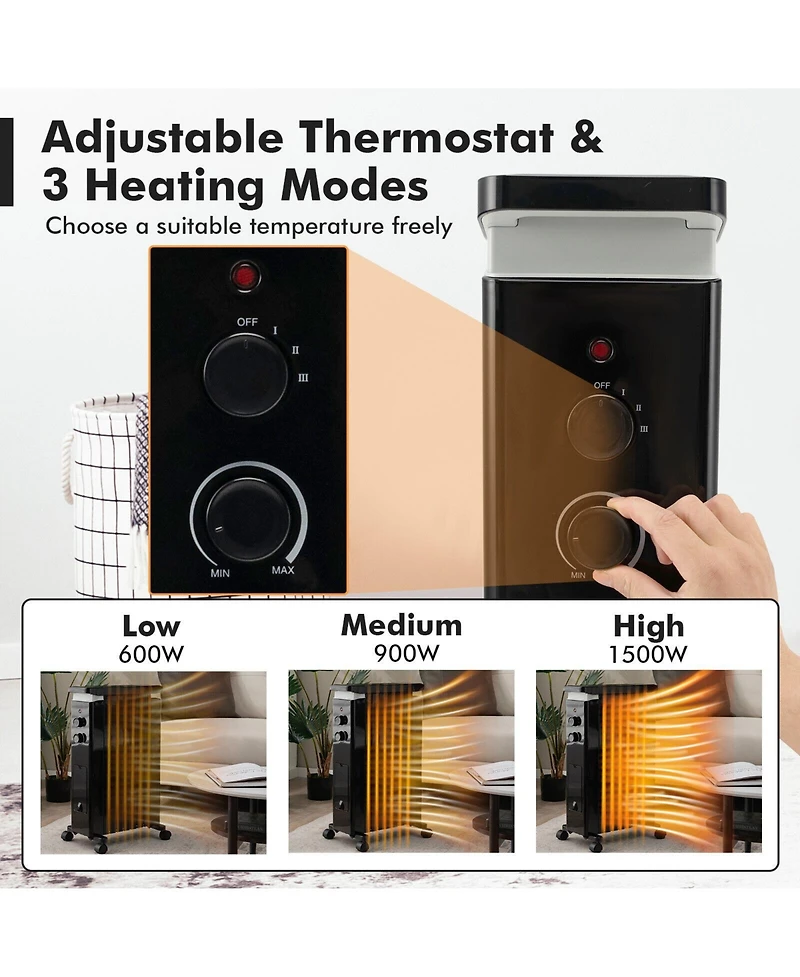 Gouun 1500W Portable Oil Filled Radiator Heater with 3 Heat Settings