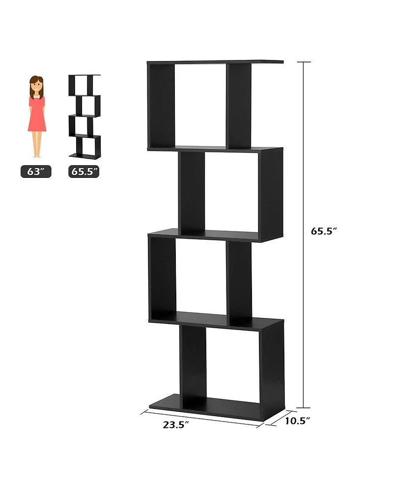 Gouun 4 Tiers Wooden S-Shaped Bookcase for Living Room Bedroom Office