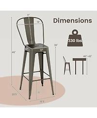 Gouun 30 Inch Height Set of 4 High Back Metal Industrial Bar Stools