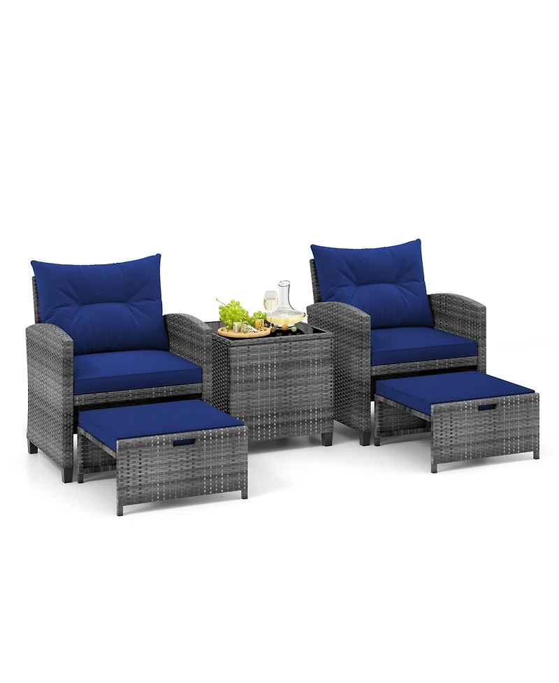 Gouun 5 Piece Patio Rattan Furniture with 2 Ottomans and Tempered Glass Table