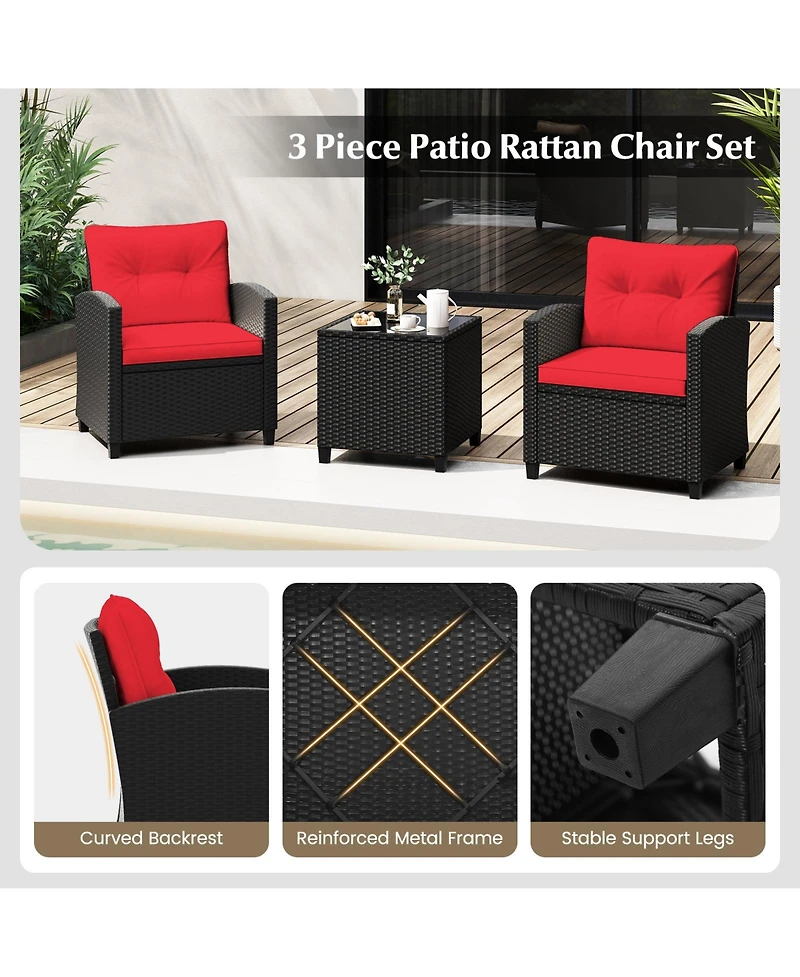 Gouun 3 Pieces Patio Furniture Set with Tempered Glass Table