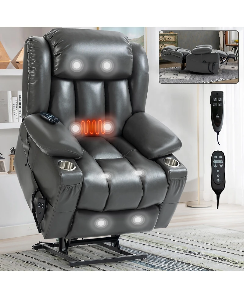 Power Lift Recliner Chair Heavy Duty Motion Mechanism with 8-Point Vibration Massage and Lumbar Heating Stainless steel Cup Holders