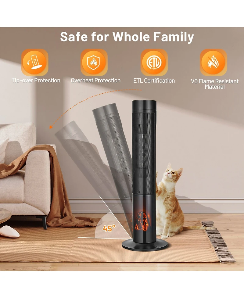 Gouun 1500W Ceramic Tower Space Heater with Remote Control and Realistic 3D Flame