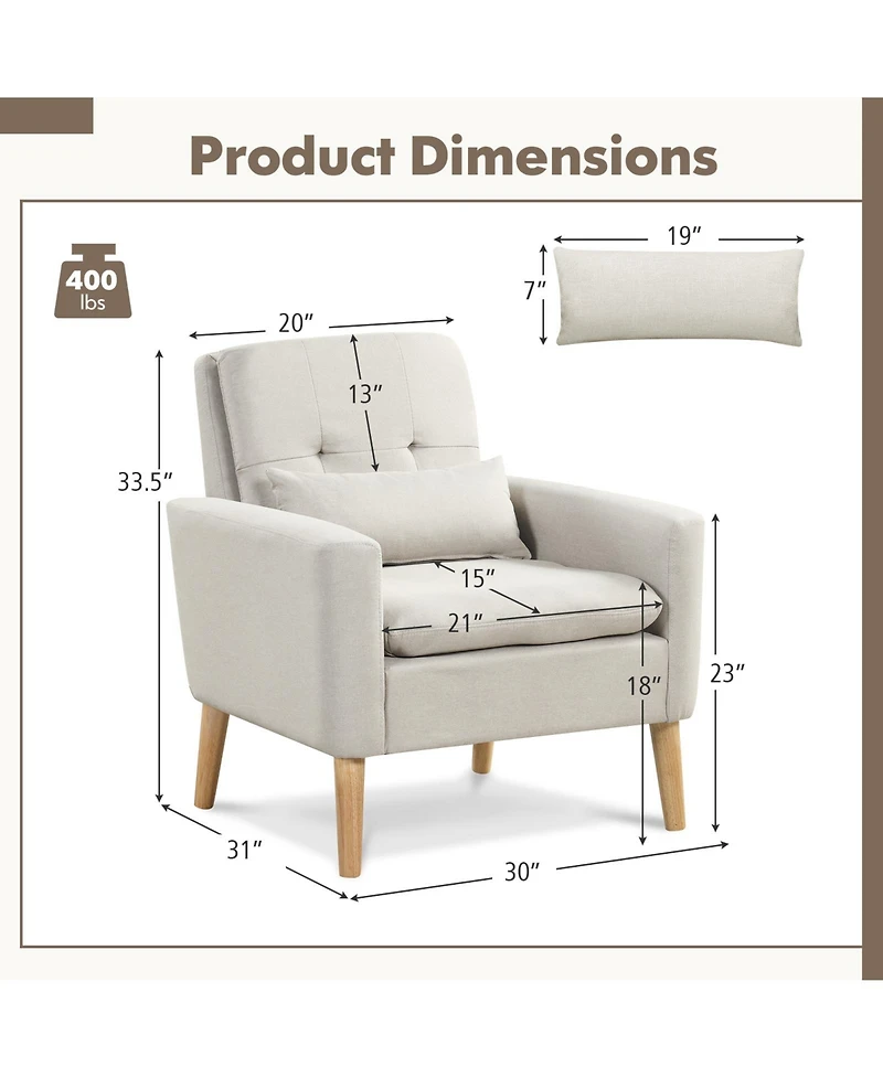 Accent Chair with Lumbar Pillow, Padded Cushions, and Rubber Wood Legs