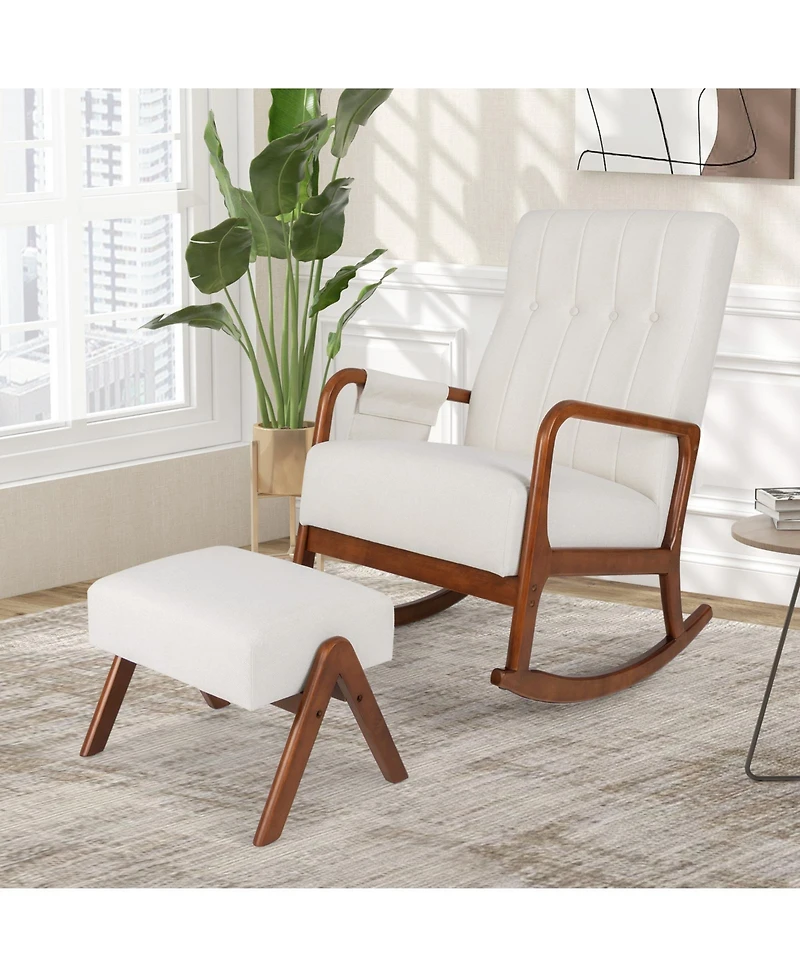 Gouun Rocking Chair with Ottoman Solid Rubber Wood Frame Padded Cushion
