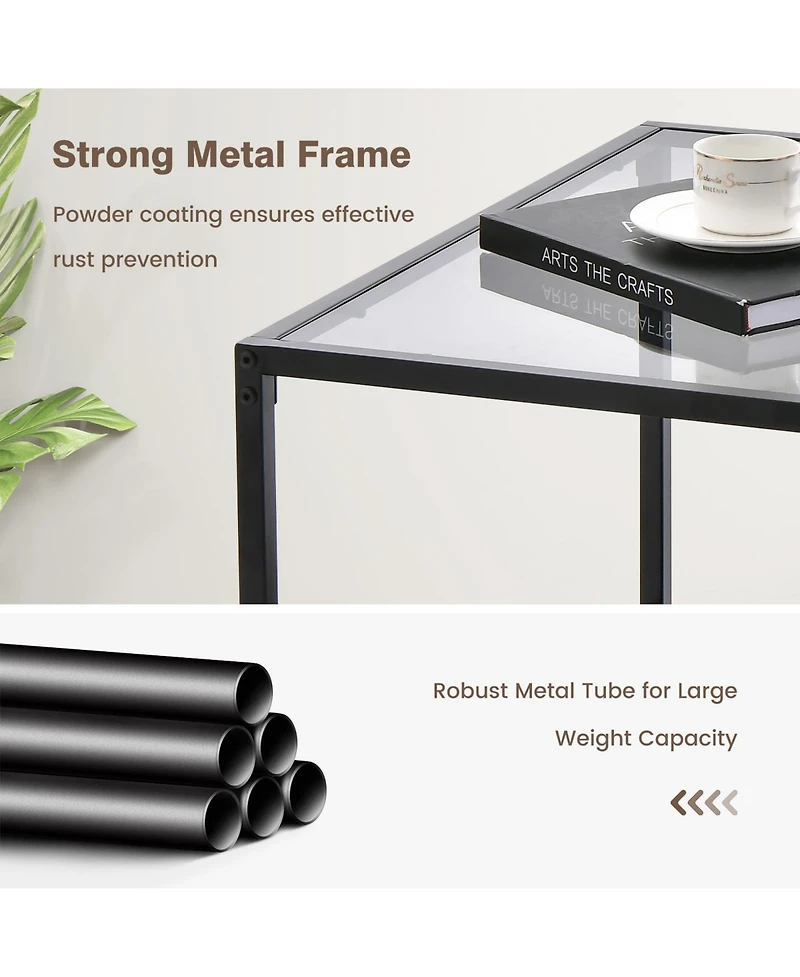 Gouun Modern 2-Tier Square Glass Table with Mesh Shelf
