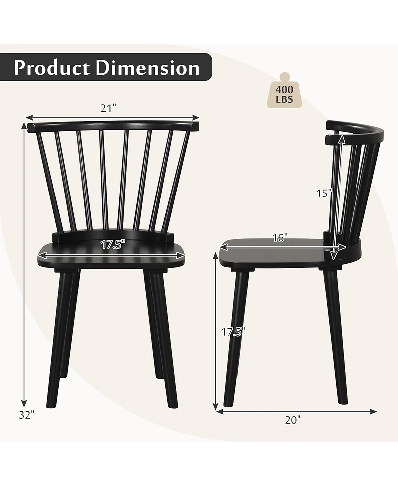 Gouun Windsor Dining Chairs Set of 2 Rubber Wood Kitchen Chairs with Spindle Back