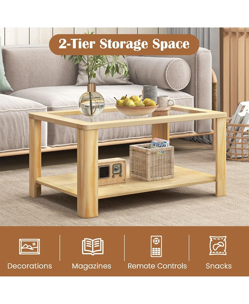 Gouun 2-Tier Table Rectangular Center Table with Tempered Glass Tabletop and Storage Shelf
