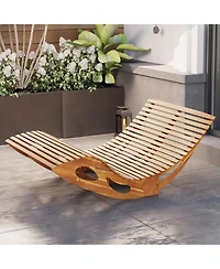 Gouun Slatted Acacia 2-Seat Patio Dual Rocker Sunbed Wood Lounger with Ergonomic Curved Seat