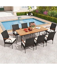 79 Inch Outdoor Dining Table and 8 Rattan-woven Dining Chairs with Acacia Wood Tabletop