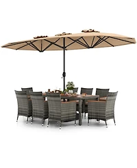 10 Pieces Patio Wicker Dining Set with 15 Feet Double-Sided Patio Umbrella