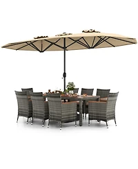10 Pieces Patio Wicker Dining Set with 15 Feet Double-Sided Patio Umbrella