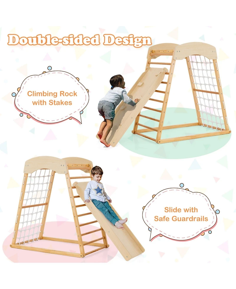 Gouun 6-in-1 Jungle Gym Wooden Indoor Playground with Double-Sided Ramp and Monkey Bars