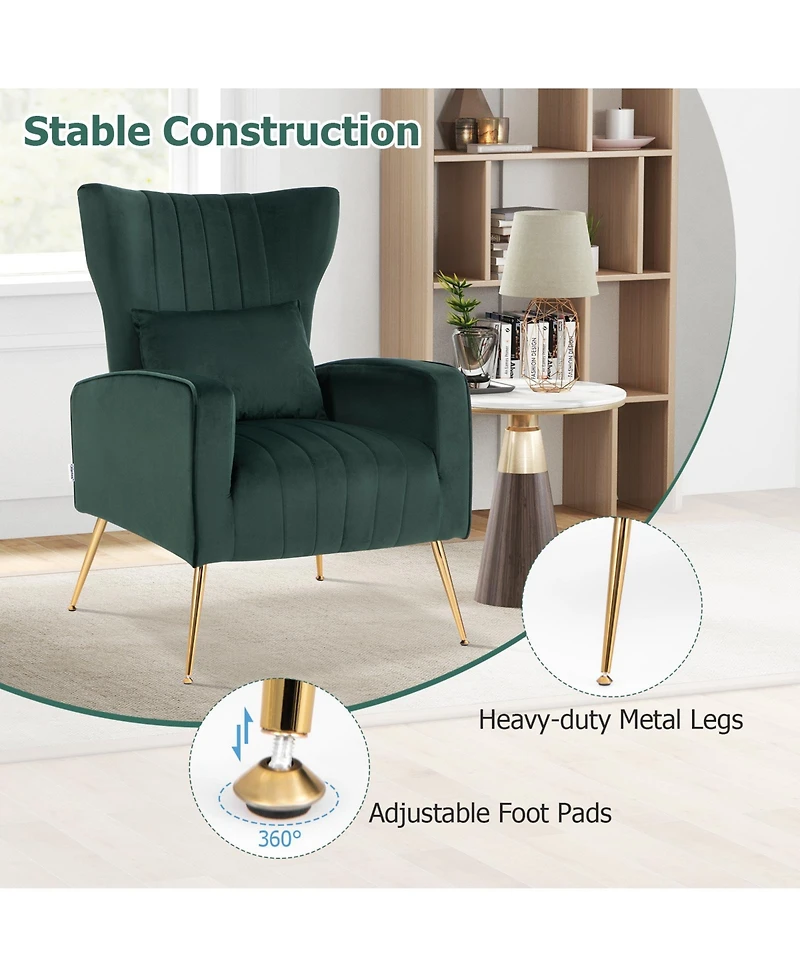 Gouun Velvet Upholstered Wingback Chair with Lumbar Pillow and Metal Legs