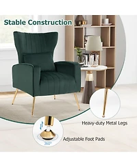 Gouun Velvet Upholstered Wingback Chair with Lumbar Pillow and Metal Legs