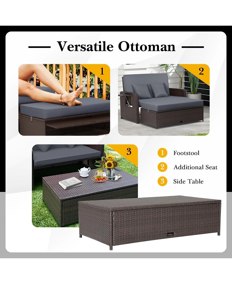 Gouun Patio Rattan Daybed with 4-Level Adjustable Backrest and Retractable Side Tray