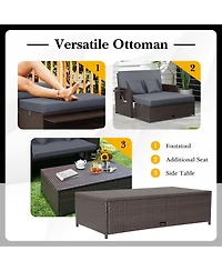 Gouun Patio Rattan Daybed with 4-Level Adjustable Backrest and Retractable Side Tray