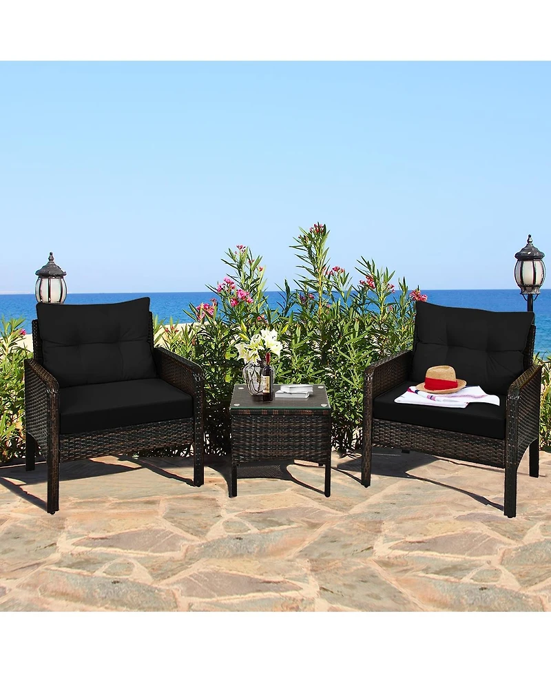 Gouun 3 Pcs Outdoor Patio Rattan Conversation Set with Seat Cushions