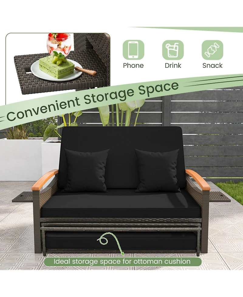 Outdoor Wicker Daybed with Folding Panels and Storage Ottoman