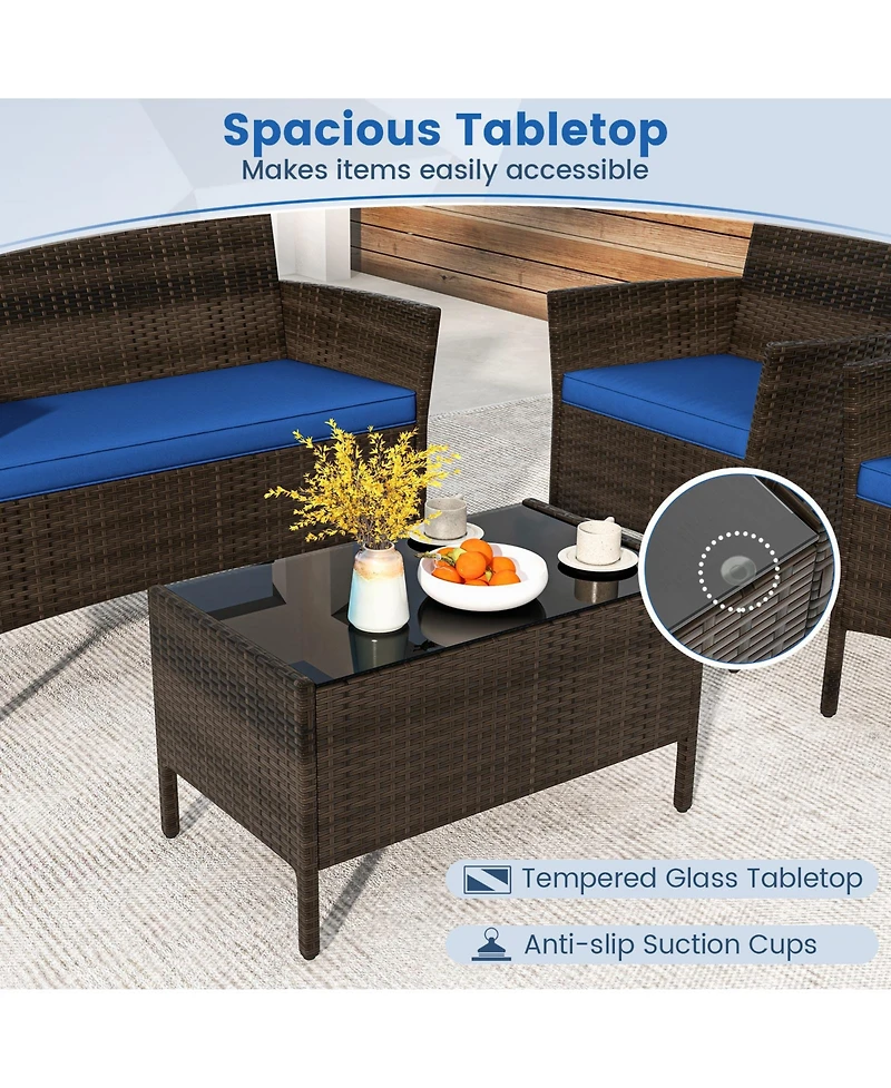 Gouun 4 Piece Patio Rattan Conversation Set with Cozy Seat Cushions