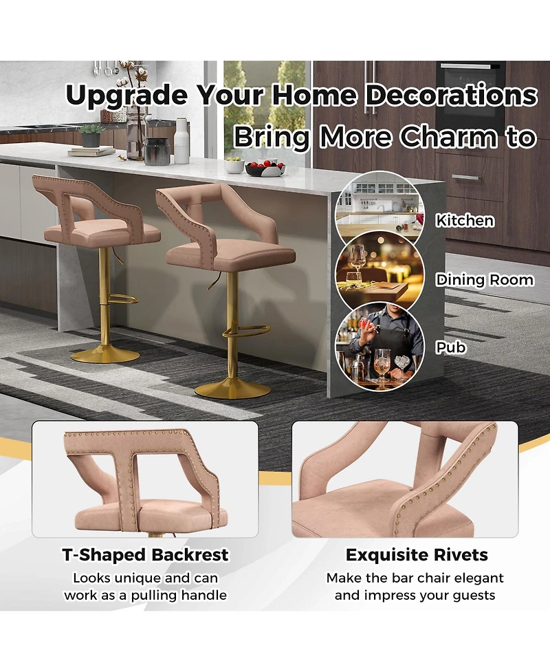 Gouun Set of 2 Bar Chairs with Footrest and 2-Layer Electroplated Metal Base