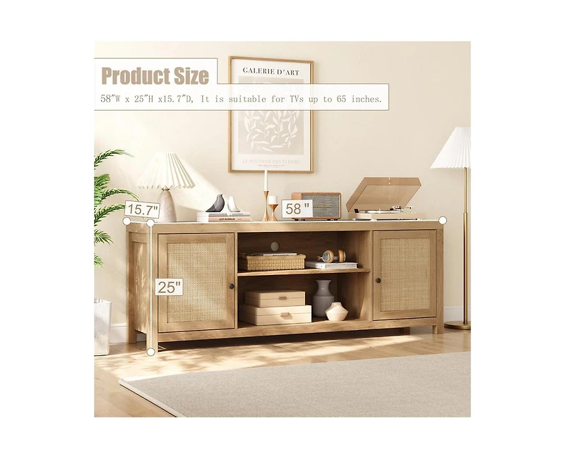 gaomon Boho Tv Stand for 65 Inch, Rattan Entertainment Center with 2-Tier Storage