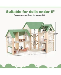 Gymax Wooden Corner Dollhouse Playset with 36 Pieces of Furniture and Accessories