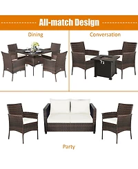 Gymax Patio 4PCS Rattan Arm Dining Chair Cushioned Sofa Furniture Brown
