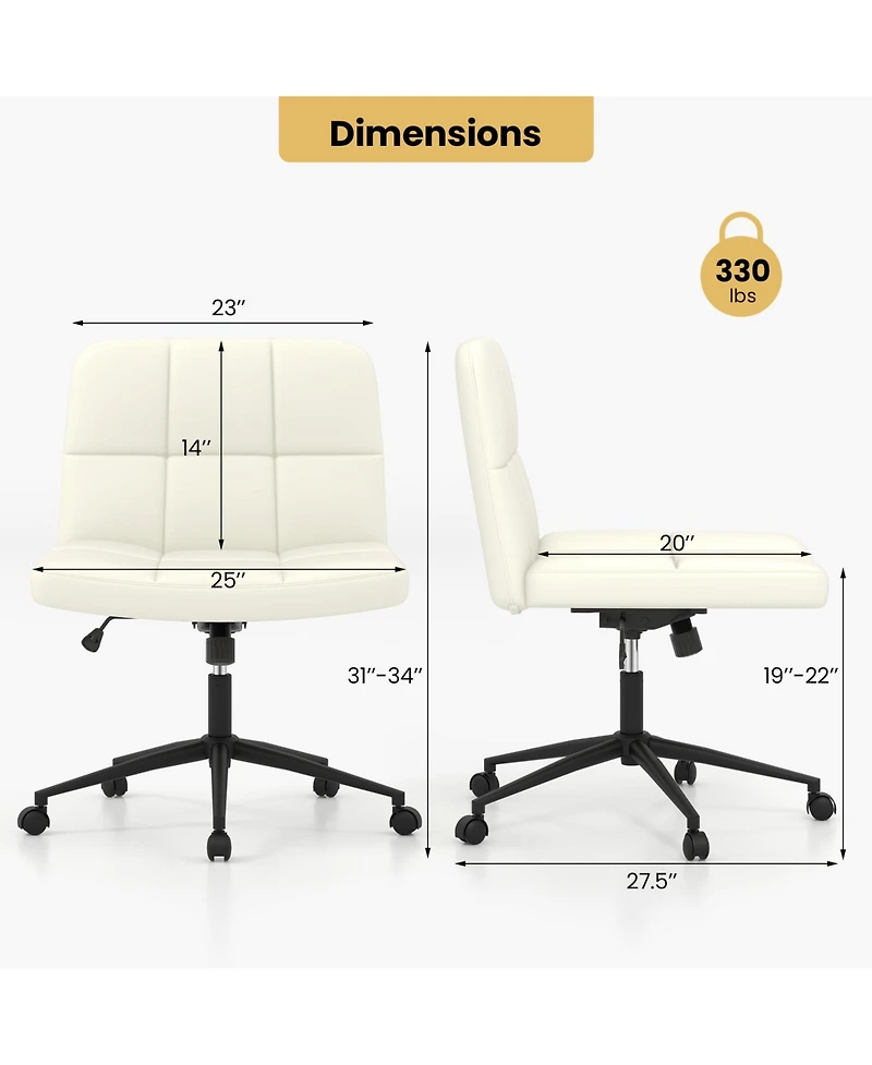 Gouun Height-adjustable Armless Desk Chair with Wheels for Home Office Make Up