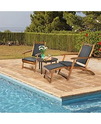 Gouun Patio Rattan Folding Lounge Chair with Acacia Wooden Frame Retractable Footrest